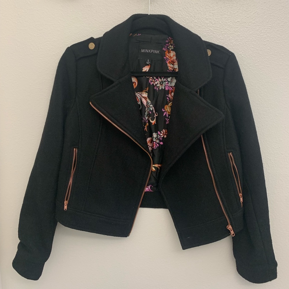 MINKPINK Black + Rose Gold Zipper Wool Biker Coat